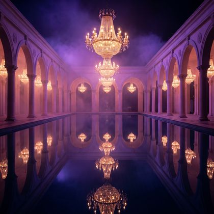 A hotel pool pavilion lit in violet at night